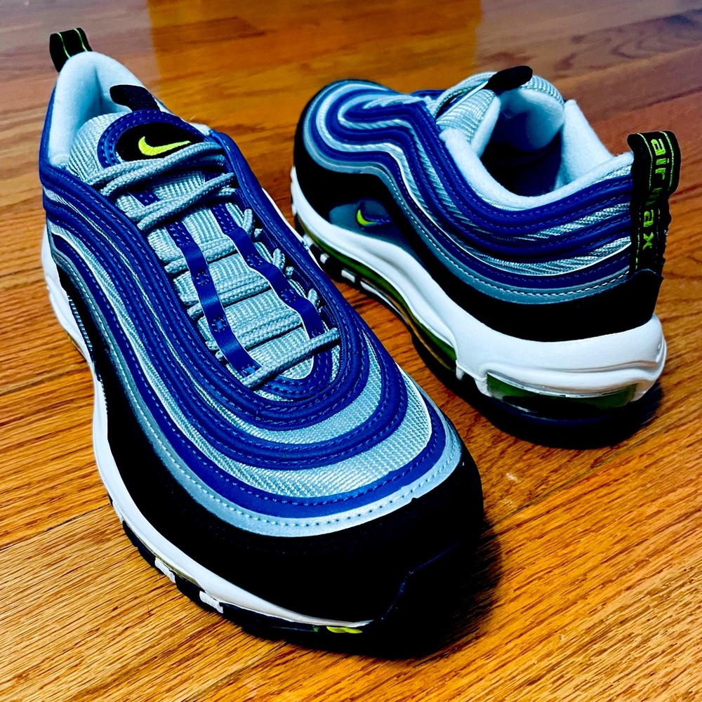 Size 9.5 Women's Nike Air Max 97 OG Atlantic Blue Volt Yellow DQ9131-400.